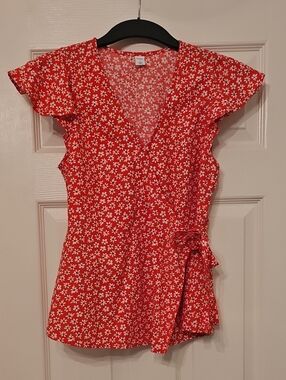 Old Navy Red Floral Wrap Blouse